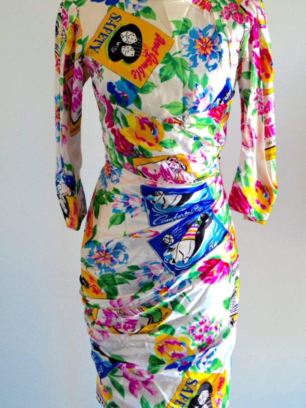 Vintage Ungaro Parallele Paris Floral Pop Art Novelty Print Silk Dress Rare